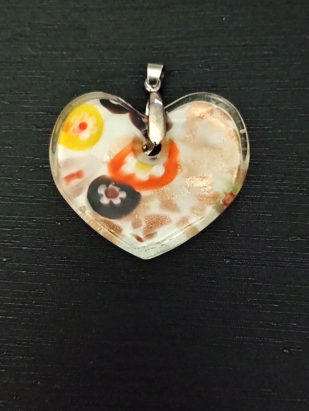 Heart-Shaped Millefiori Glass Pendant in White, Orange & Yellow 18K GP Bale